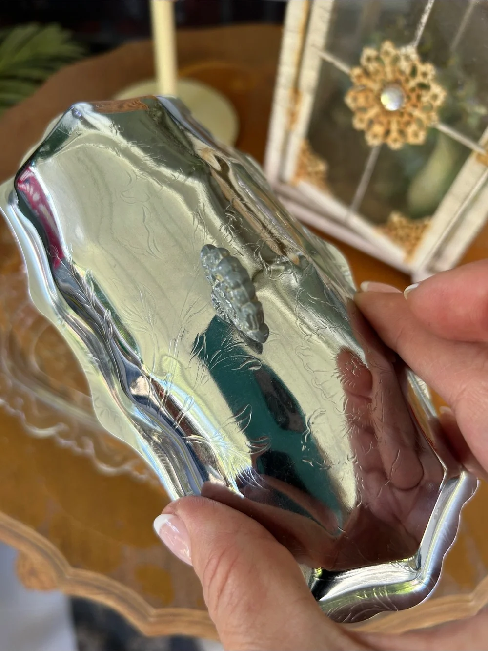 Vintage Silver Metal Covered Glass Butter Dish